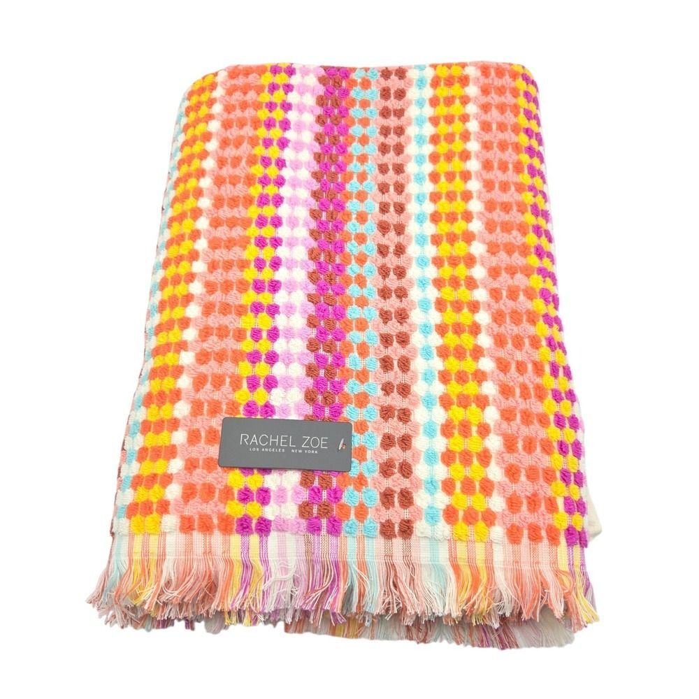 Rachel Zoe Warm Multi Striped Oversized Beach Towel Raised Ots With Fringe 40x70